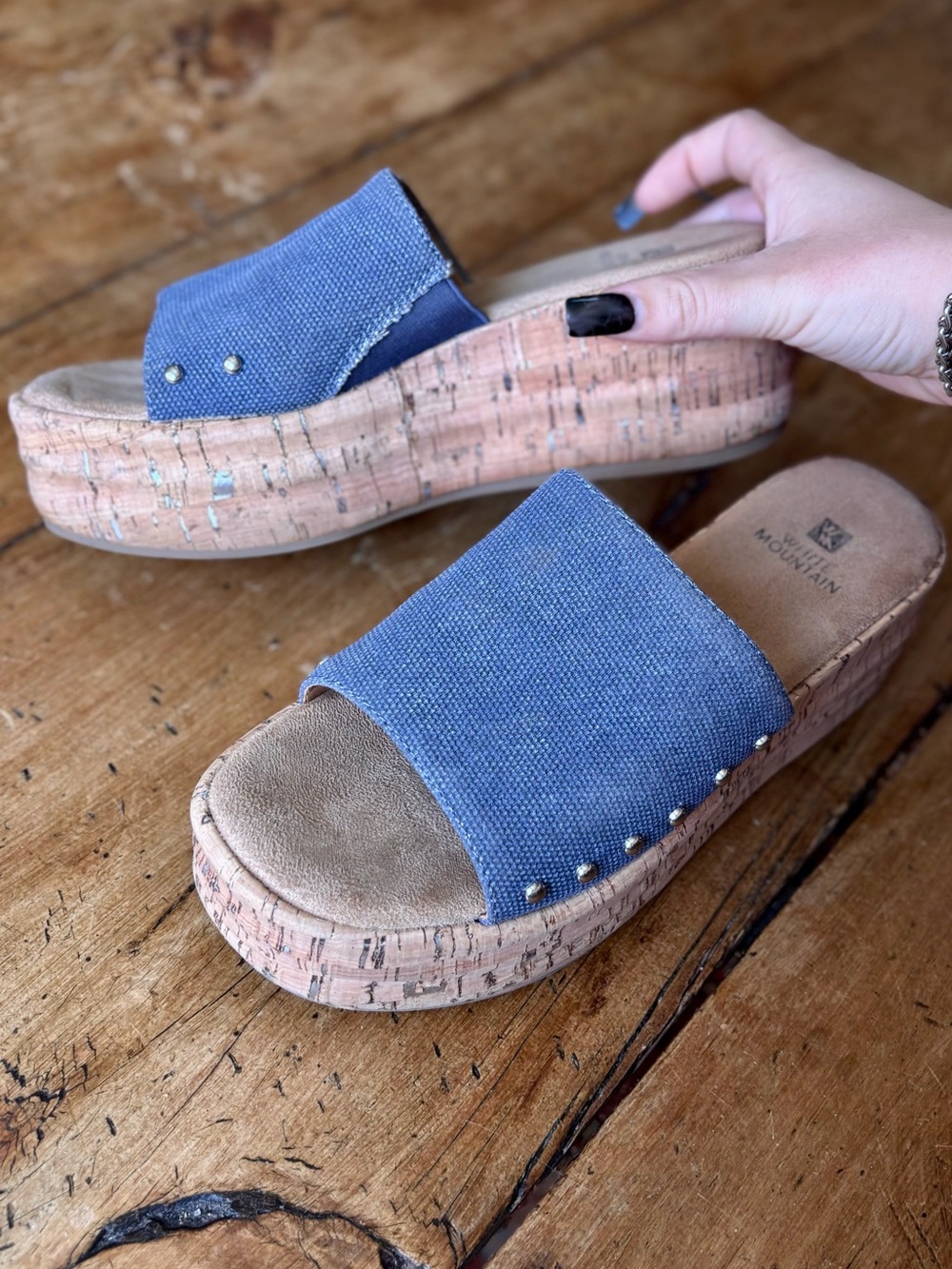 White Mountain Blue Canvas Cork Platform Slide Mules - Picture 3 of 4